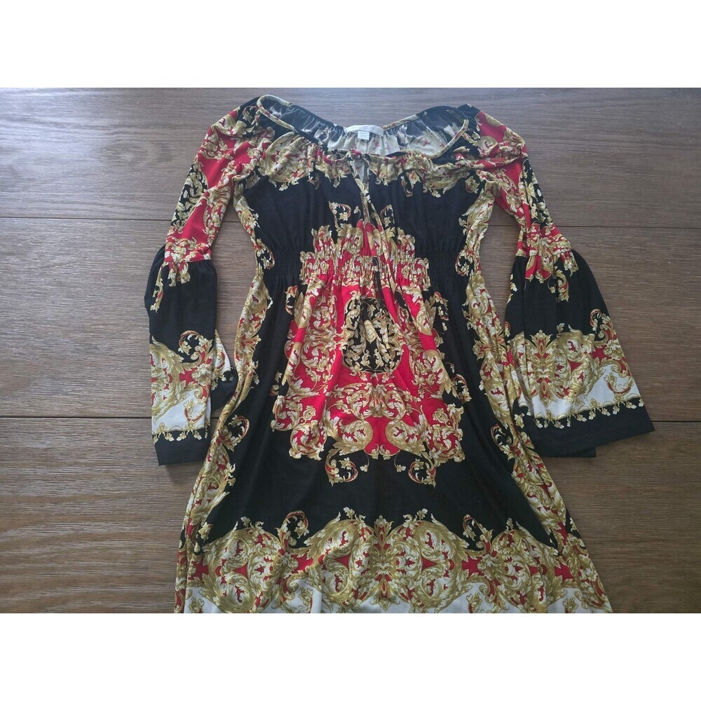 Boston Proper Baroque Print Off-Shoulder Dress – Red, Black & Gold (Size 6)